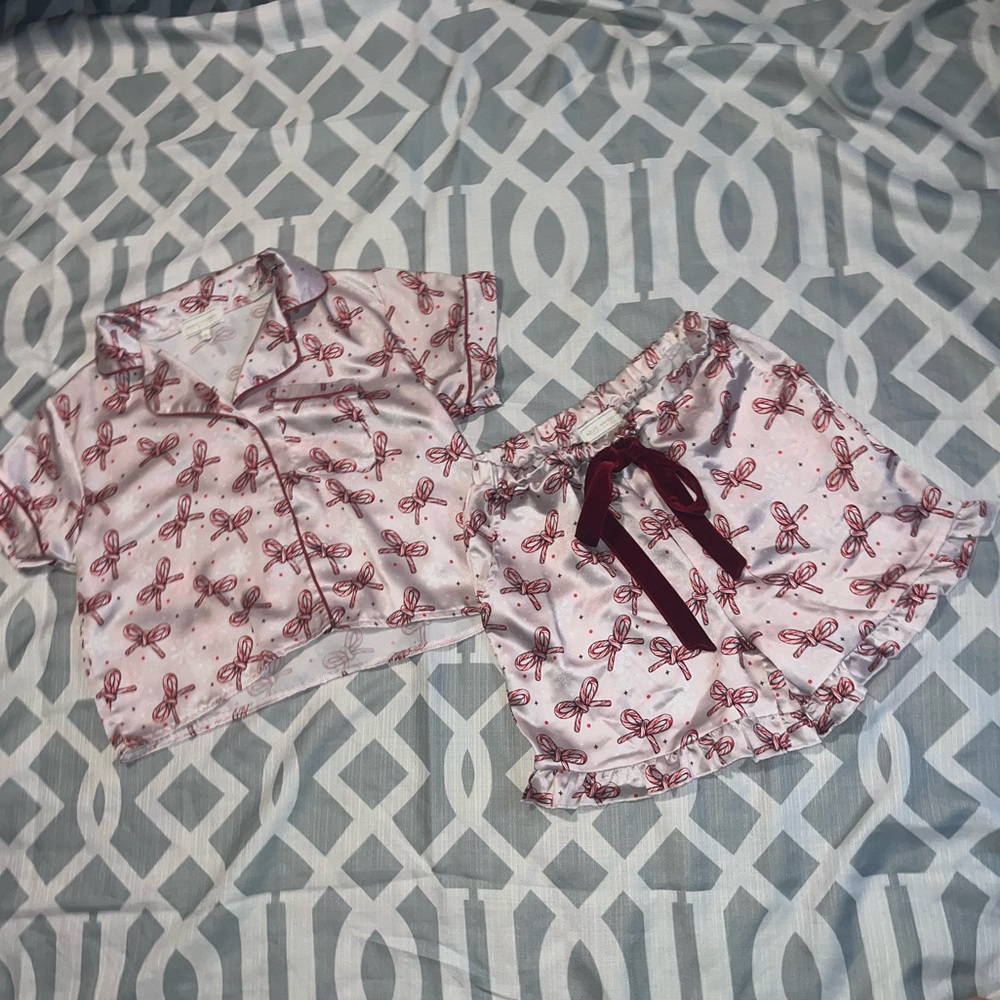 Simply Southern Candy Cane bows Pajama Top and bottom set  - Pink and Red
